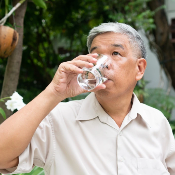 japanese elder man drinking water