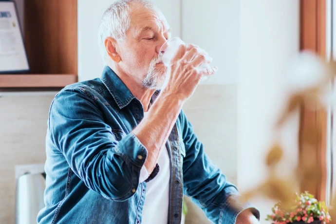 Elderly man drinking safe hot water from Qettle boiling tap