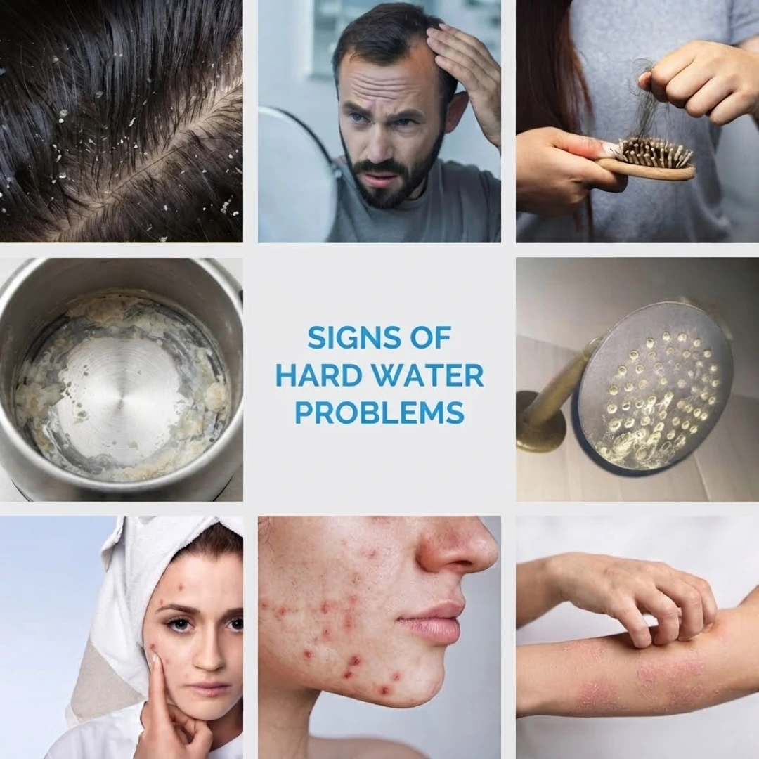 Signs of hard water problems visual collage titled "Signs of Hard Water Problems," illustrating the wide-ranging physical consequences of high mineral content in household water.