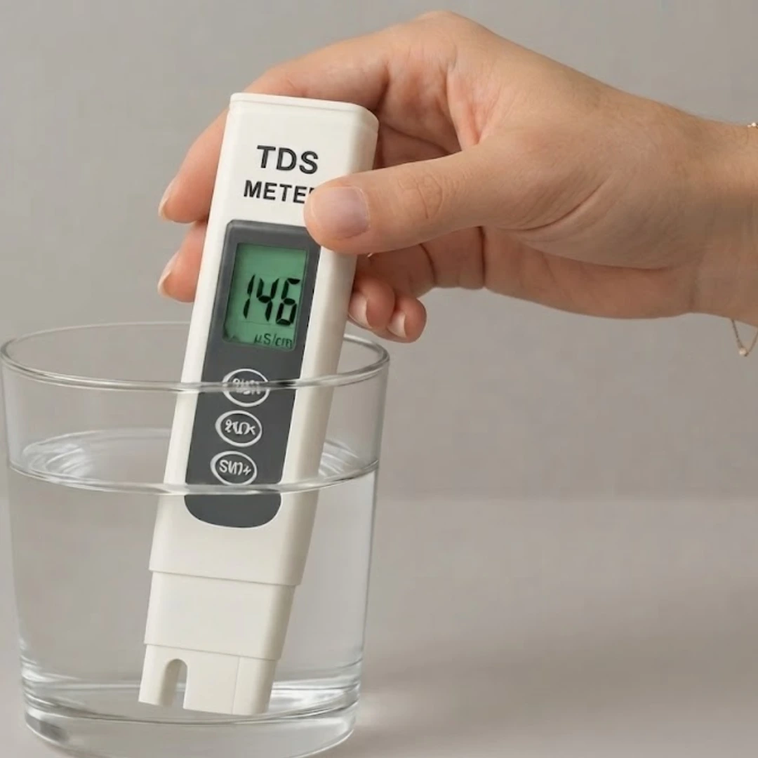 Glass of water being tested by a TDS meter from a female hand